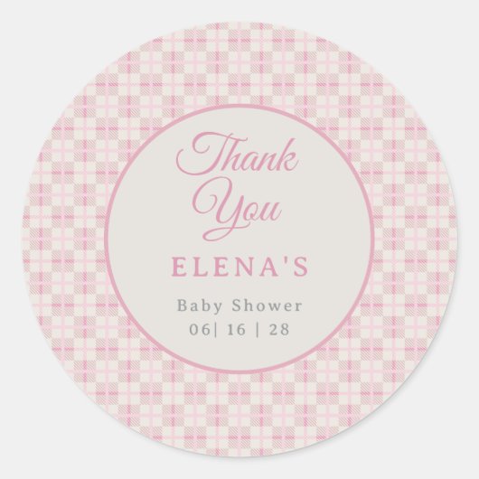 Preppy Pink Plaid Baby Shower  ラウンドシール (正面)