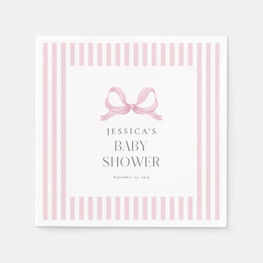 Preppy Pink Striped Bow Baby Shower Napkins スタンダードカクテルナプキン (正面)