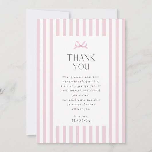 Preppy Pink Striped Bow Baby Shower Thank You Card 招待状 (正面)