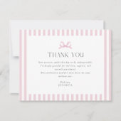 Preppy Pink Striped Bow Baby Shower Thank You Card 招待状 (正面)