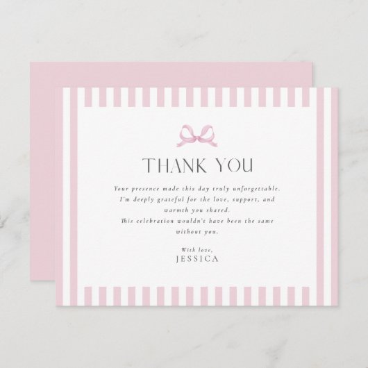 Preppy Pink Striped Bow Baby Shower Thank You Card 招待状 (正面/裏面)