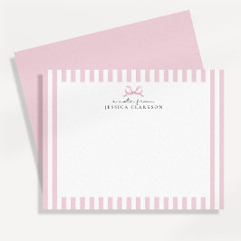 Preppy Pink Striped Bow Personalized Note Cards 招待状