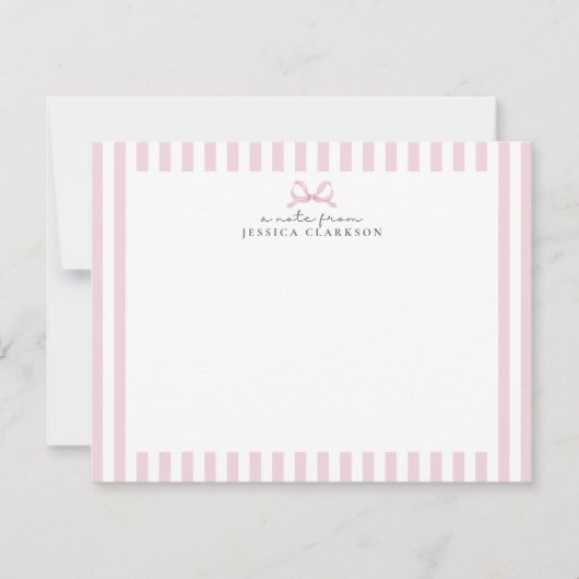 Preppy Pink Striped Bow Personalized Note Cards 招待状 (正面)