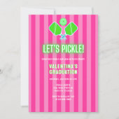 Preppy Pink Striped Green Pickleball Graduation 招待状 (正面)