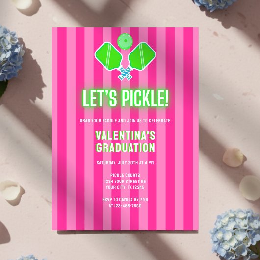 Preppy Pink Striped Green Pickleball Graduation 招待状