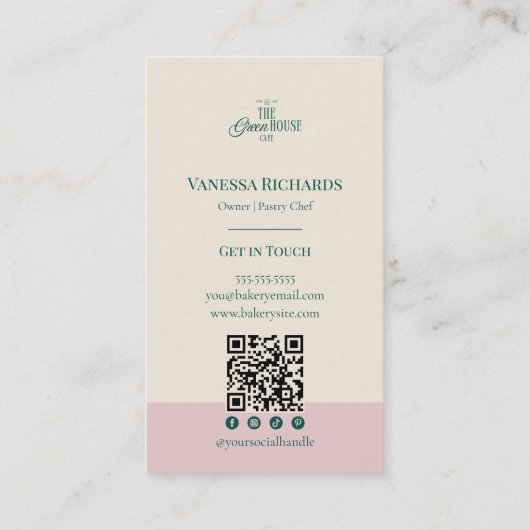 Preppy Pink Stripes Green Bakery Logo QR Code  名刺 (裏面)