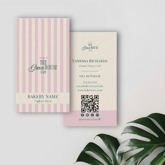 Preppy Pink Stripes Green Bakery Logo QR Code  名刺