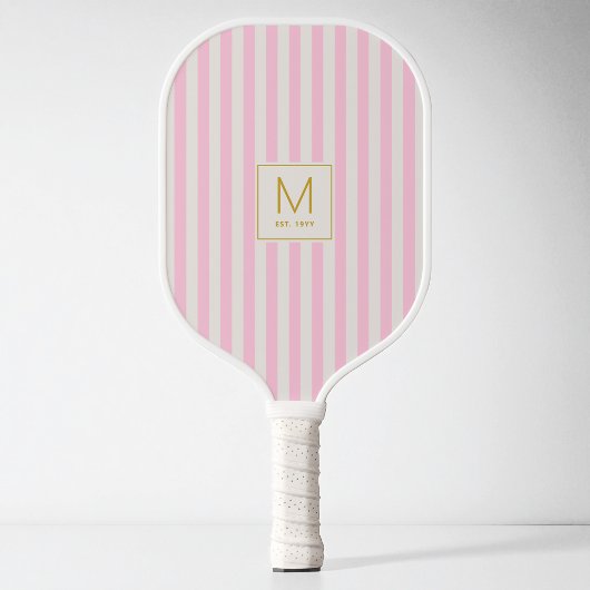 Preppy Pink Stripes Simple Gold Initial Monogram ピックルボールラケット