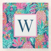 Preppy Pink Teal Navy Blue Pineapple Monogram ガラスコースター (正面)