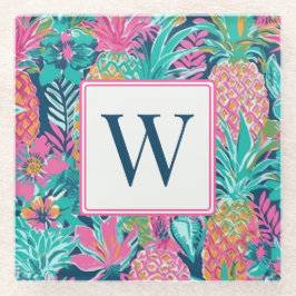 Preppy Pink Teal Navy Blue Pineapple Monogram ガラスコースター