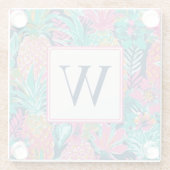 Preppy Pink Teal Navy Blue Pineapple Monogram ガラスコースター (裏面)