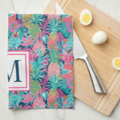 Preppy Pink Teal Navy Blue Pineapple Monogram キッチンタオル (四つ折り)