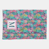 Preppy Pink Teal Navy Blue Pineapple Monogram キッチンタオル (横)