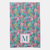 Preppy Pink Teal Navy Blue Pineapple Monogram キッチンタオル (縦)