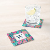 Preppy Pink Teal Navy Blue Pineapple Monogram スクエアペーパーコースター (インサイチュ)