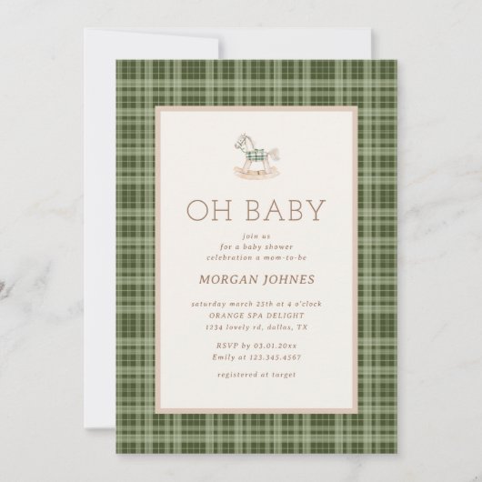 Preppy Plaid Rocking Horse Baby Shower 招待状 (正面)