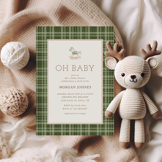 Preppy Plaid Rocking Horse Baby Shower 招待状