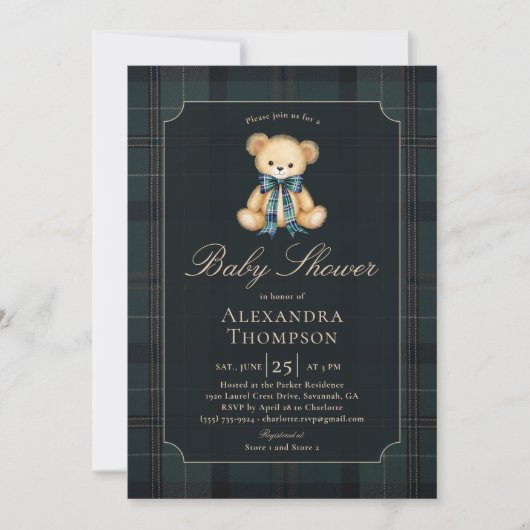 Preppy Plaid Tartan Teddy Bear Bow Boy Baby Shower 招待状 (正面)