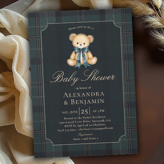 Preppy Plaid Tartan Teddy Bow Coed Boy Baby Shower 招待状