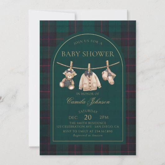 Preppy Plaid Teddy Bear Baby Shower Invitation 招待状 (正面)