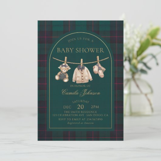 Preppy Plaid Teddy Bear Baby Shower Invitation 招待状 (スタンド正面)