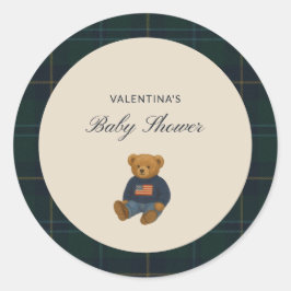 Preppy Plaid Teddy Bear Baby Shower Stickers ラウンドシール