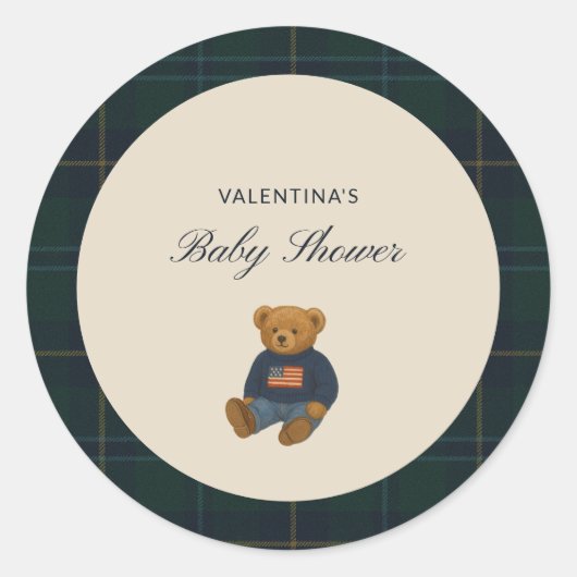 Preppy Plaid Teddy Bear Baby Shower Stickers ラウンドシール (正面)