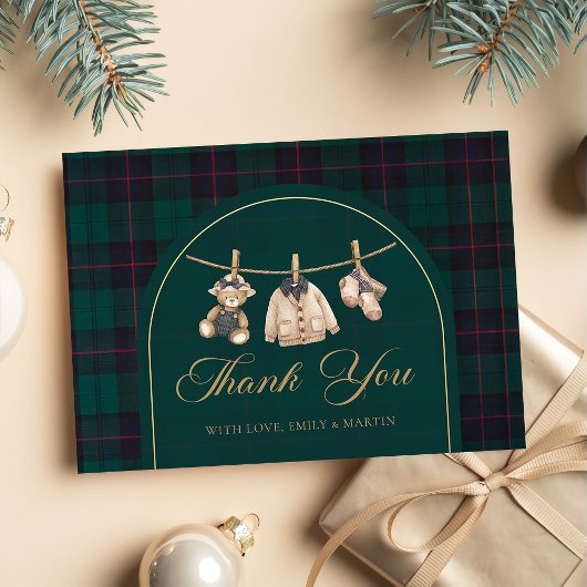 Preppy Plaid Teddy Bear Baby Shower Thank You Card サンキューカード