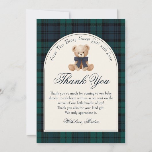 Preppy Plaid Teddy Bear Birthday Thank You Card サンキューカード (正面)