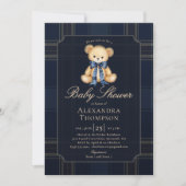 Preppy Plaid Teddy Bear Bow Blue Boy Baby Shower 招待状 (正面)