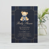 Preppy Plaid Teddy Bear Bow Blue Boy Baby Shower 招待状 (スタンド正面)
