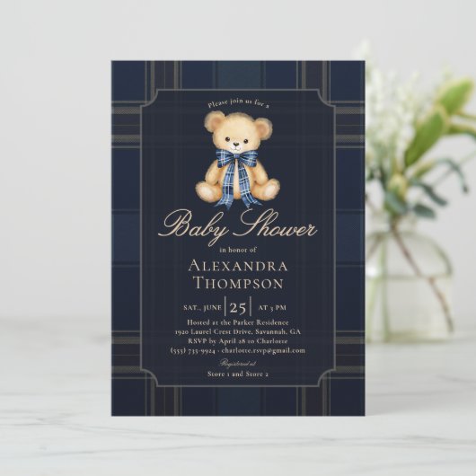Preppy Plaid Teddy Bear Bow Blue Boy Baby Shower 招待状 (スタンド正面)