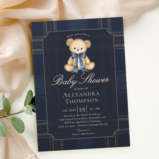 Preppy Plaid Teddy Bear Bow Blue Boy Baby Shower 招待状