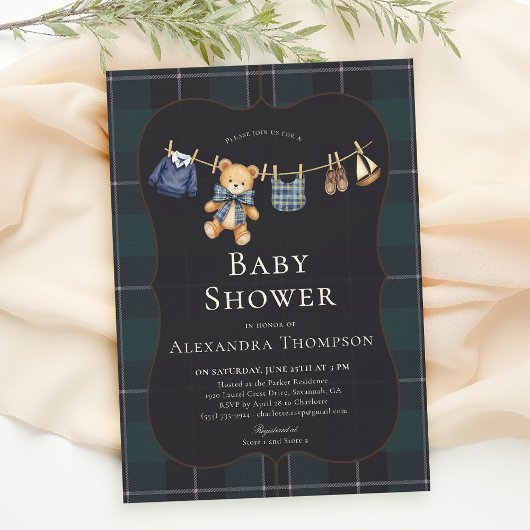 Preppy Plaid Teddy Bow Clothesline Boy Baby Shower 招待状