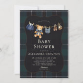 Preppy Plaid Teddy Bow Clothesline Boy Baby Shower 招待状 (正面)