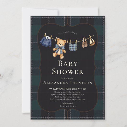 Preppy Plaid Teddy Bow Clothesline Boy Baby Shower 招待状 (正面)