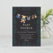 Preppy Plaid Teddy Bow Clothesline Boy Baby Shower 招待状 (スタンド正面)