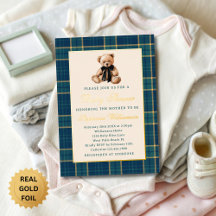 Preppy Plaid Vintage Teddy Bear Baby Shower Gold