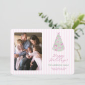 Preppy Plum Hand-Drawn Bows Christmas Tree Photo シーズンカード (スタンド正面)