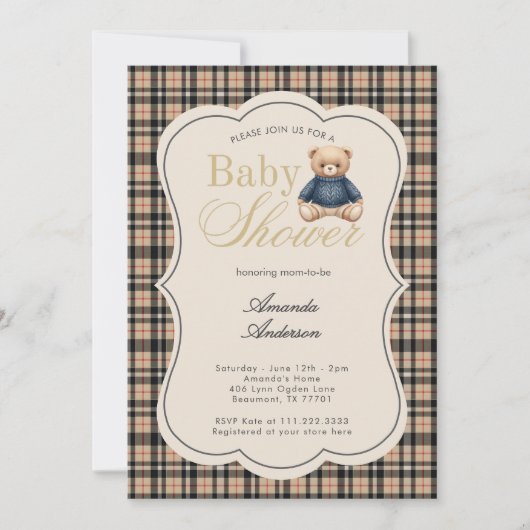 Preppy Polo Teddy Bear Luxury Beige Baby Shower 招待状 (正面)