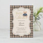Preppy Polo Teddy Bear Luxury Beige Baby Shower 招待状 (スタンド正面)