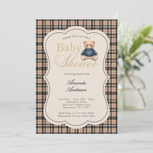 Preppy Polo Teddy Bear Luxury Beige Baby Shower 招待状 (スタンド正面)