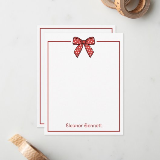 Preppy Red and White Hearts Bow Personalized ノートカード (正面/裏面インサイチュ)