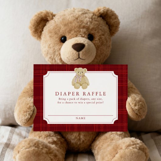 Preppy Red Plaid Teddy Bear Diaper Raffle エンクロージャーカード