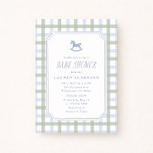 Preppy Rocking Horse Blue and Sage Plaid Baby Show 招待状