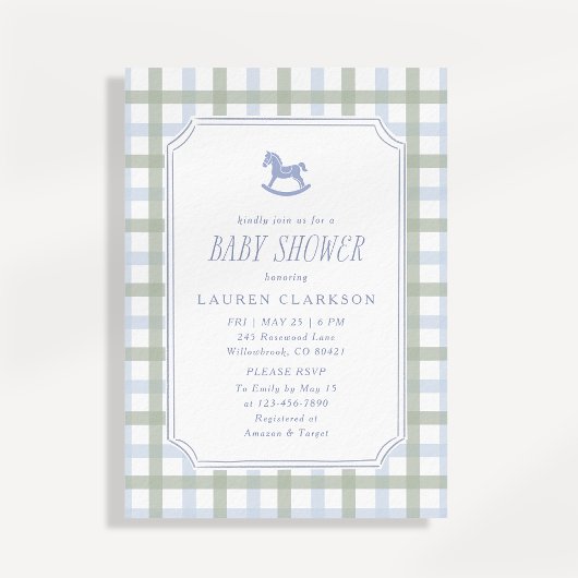 Preppy Rocking Horse Blue and Sage Plaid Baby Show 招待状
