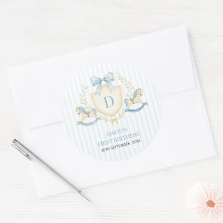 Preppy Rocking Horse Boy First Birthday ラウンドシール