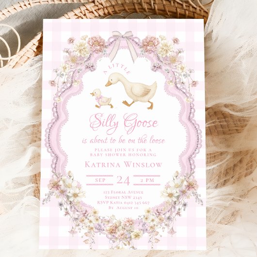 Preppy Silly Goose Pink Bow Girl Baby Shower 招待状