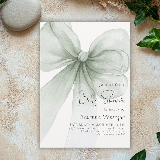 Preppy Soft Green Bow Coquette Clean Baby Shower 招待状