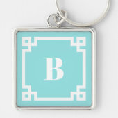 Preppy Square Greek Key Border Aqua Blue Monogram キーホルダー (正面)